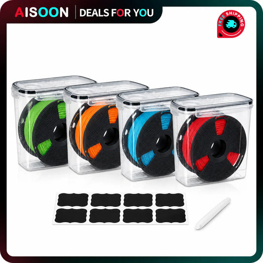 AISOON 4-Pack Reusable Stackable Plastic Rectangle 1KG 3D Printing Filament Storage Boxes - Transparent Airtight Snap Lids, Dustproof Organizer Set with 8 Labels & Marker, Fits Shelves, Desktops, Workshops