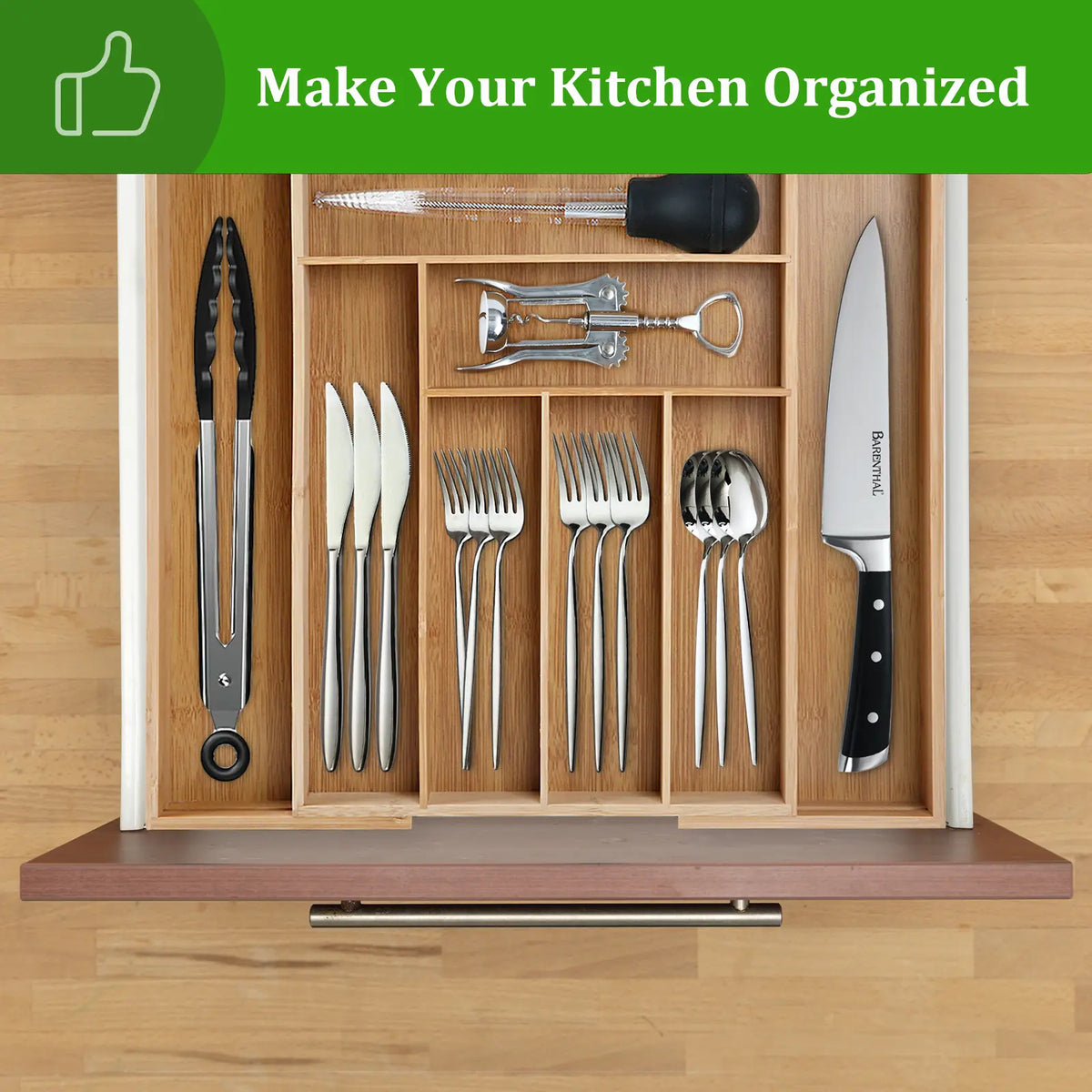 Expandable Bamboo Drawer Organizer - Adjustable 6-8 Slot Utensils Tray, Durable, Easy-Clean, Warm Bamboo Look, Cosmetic Holder, Box Organiser, Jewelry Storage, Bathroom & Kitchen Accessories Drawer Organizer Storage