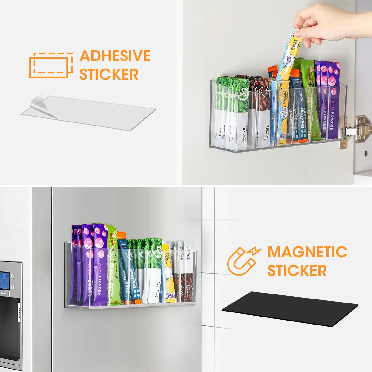 AIEVE Drink Packet Organizer, Mountable Space-Saving Tidy Counter Setup Holder with Adhesive & Magnetic Sticker, Home Pantry Kitchen Storage for Countertop Fridge Cabinet (Summer Sale Deals, Restock Deals for You Days), Mountable Saves Space