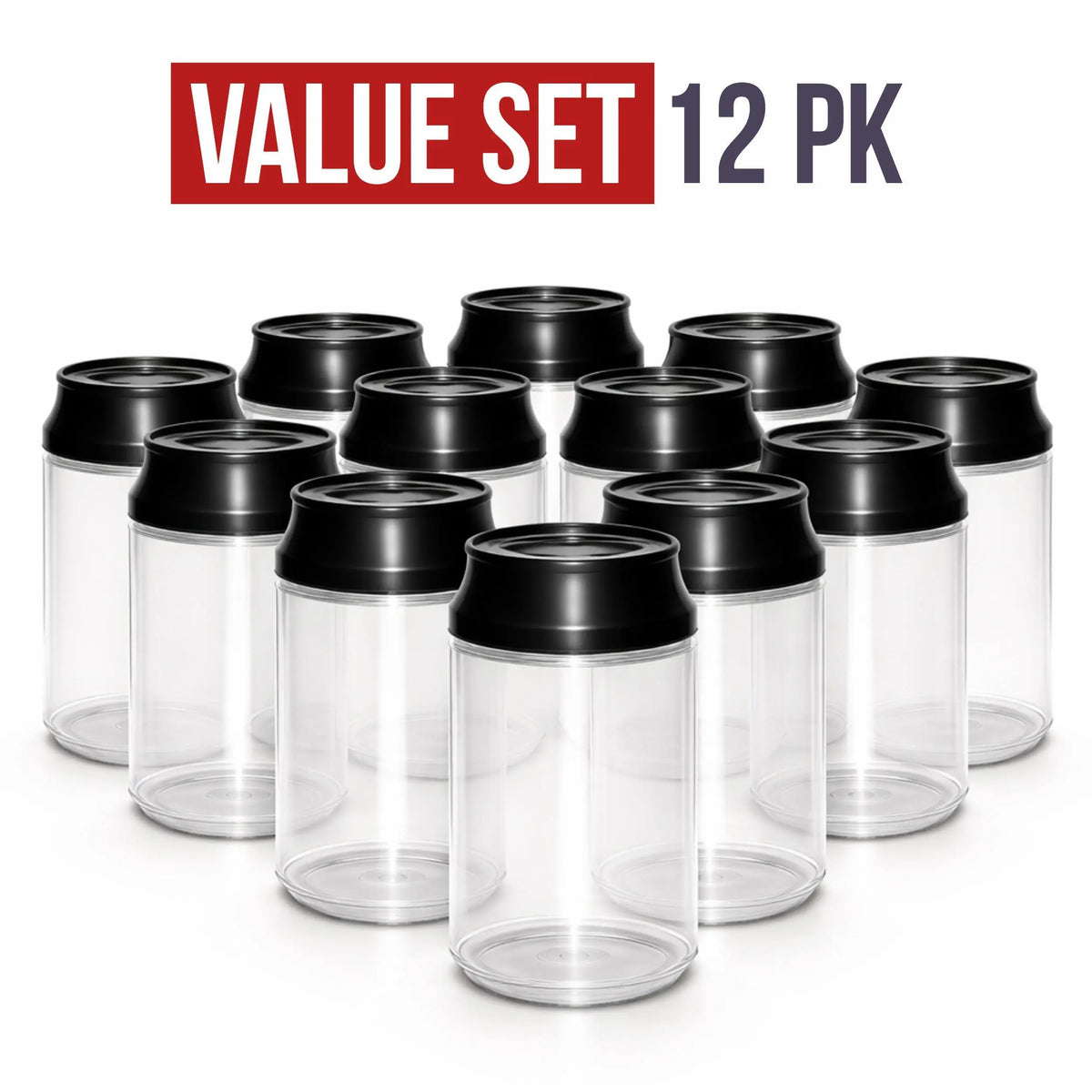 12 Pack Soda Can Style Storage Containers with Lids and Decorative Wrap Labels