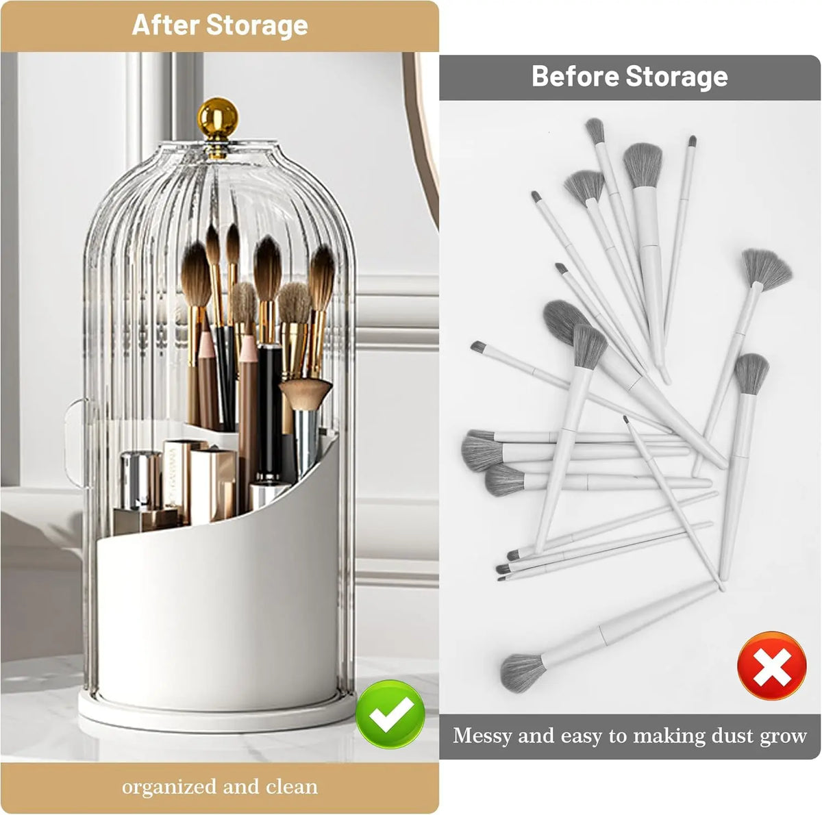 Luxury 360° Rotating Makeup Brush Holder with Transparent Door Lid - Modern Cosmetic Storage Box, Organizer Storage, Spin to Access Vanity Desktop Countertop Container for Students