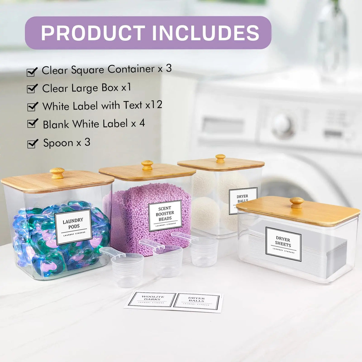 3+1 Pack Laundry Pods Storage Container, Clear Laundry Room Organization and Storage, Detergent Powder Container, with Wooden Lids & Labels
