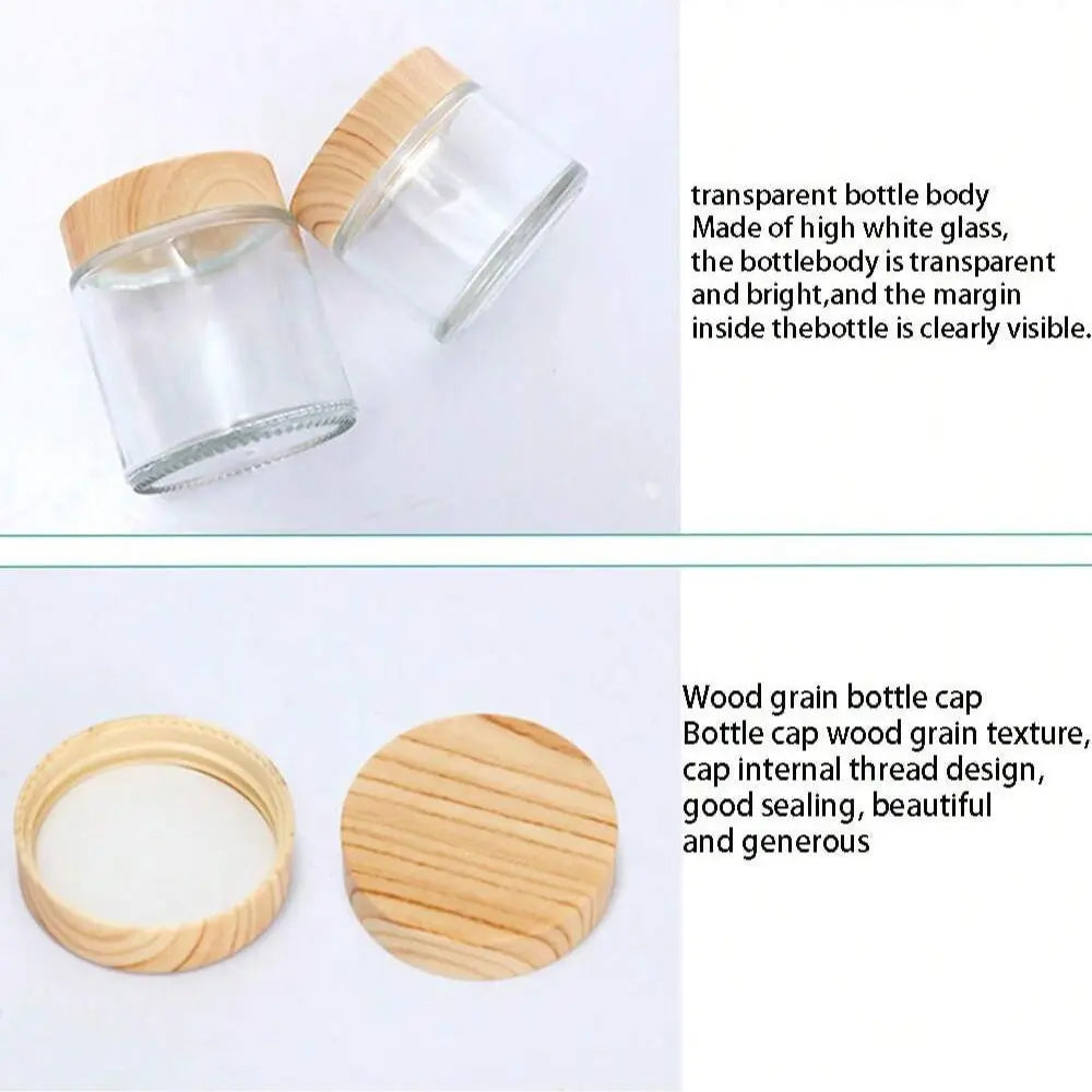 Multi-Size Transparent Cream Wood Grain Lid Cosmetic Bottle, Portable Small Packaging Glass Jar, Face Cream Eye Cream Container Containers, Glass Bottles with Lids