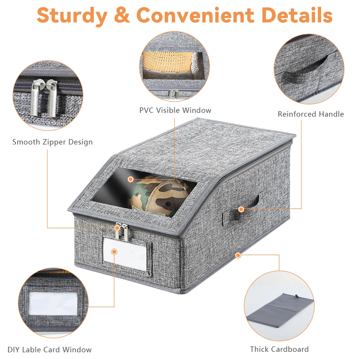 TAYTUU Linen Fabric Hat Organizer Bin - Collapsible, Transparent Window, Zip & Drawstring, Dustproof Closet Storage, Durable Cardboard, Holds 24 Baseball Caps, 16.93inL x 9.06inW x 7.56inH, ADHD Home Organizer