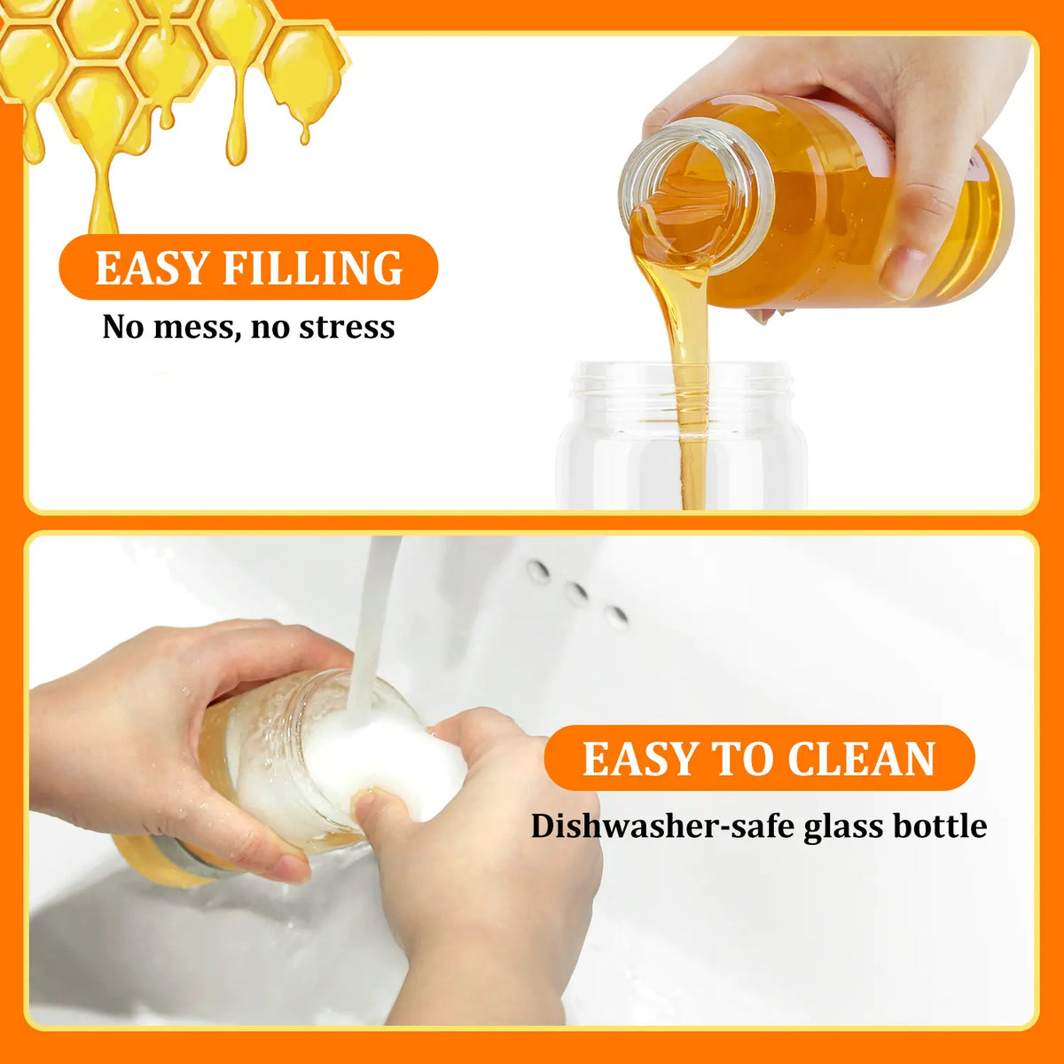 Glass Honey Dispenser - Kitchen Preserving Container, No-Drip Leak-Free Design with Handle, Controlled Flow, Refillable, Dishwasher Safe, Maintains Food & Beverage Freshness, Easy to Clean for Daily Use, Maintains Freshness