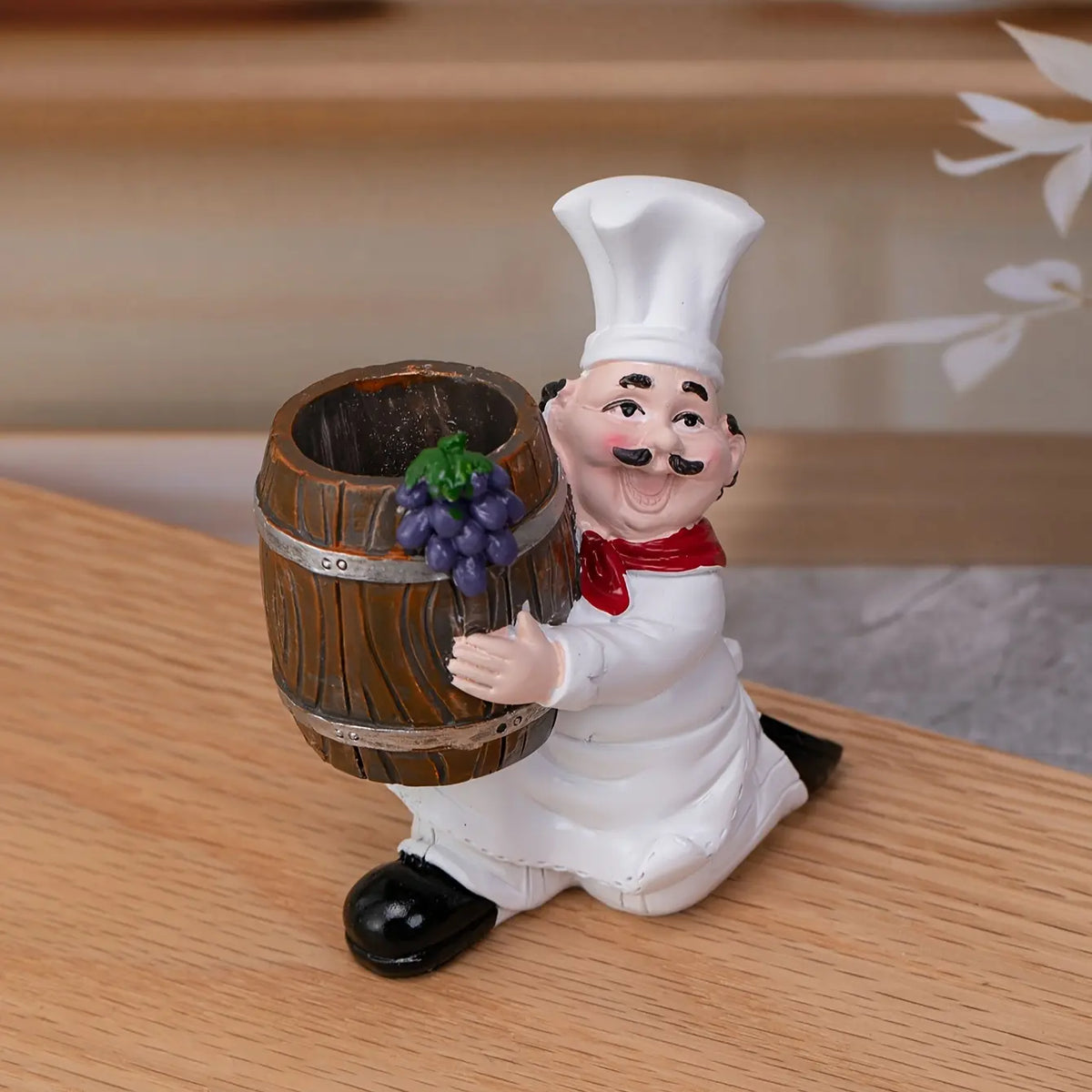 Charming Chef Theme Fun Decorative Toothpick Holder with Wooden Bucket, Resin Material, No Power Needed, Ideal for Home and Party Decorations