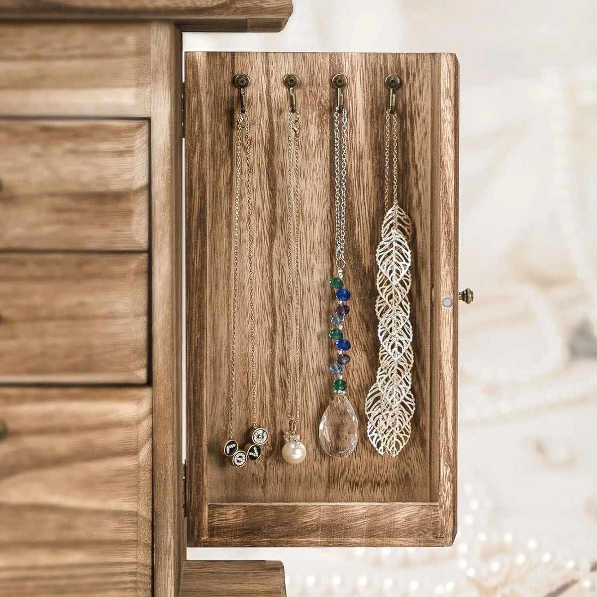 Emfogo Women's Linen Farmhouse-Style Decorative Wooden Jewelry Box with Mirror & Lid, 4-Layer Earring Holder Organizer with Compartment Containers for Rings, Necklaces, Bracelets (Farmhouse Style Storage)