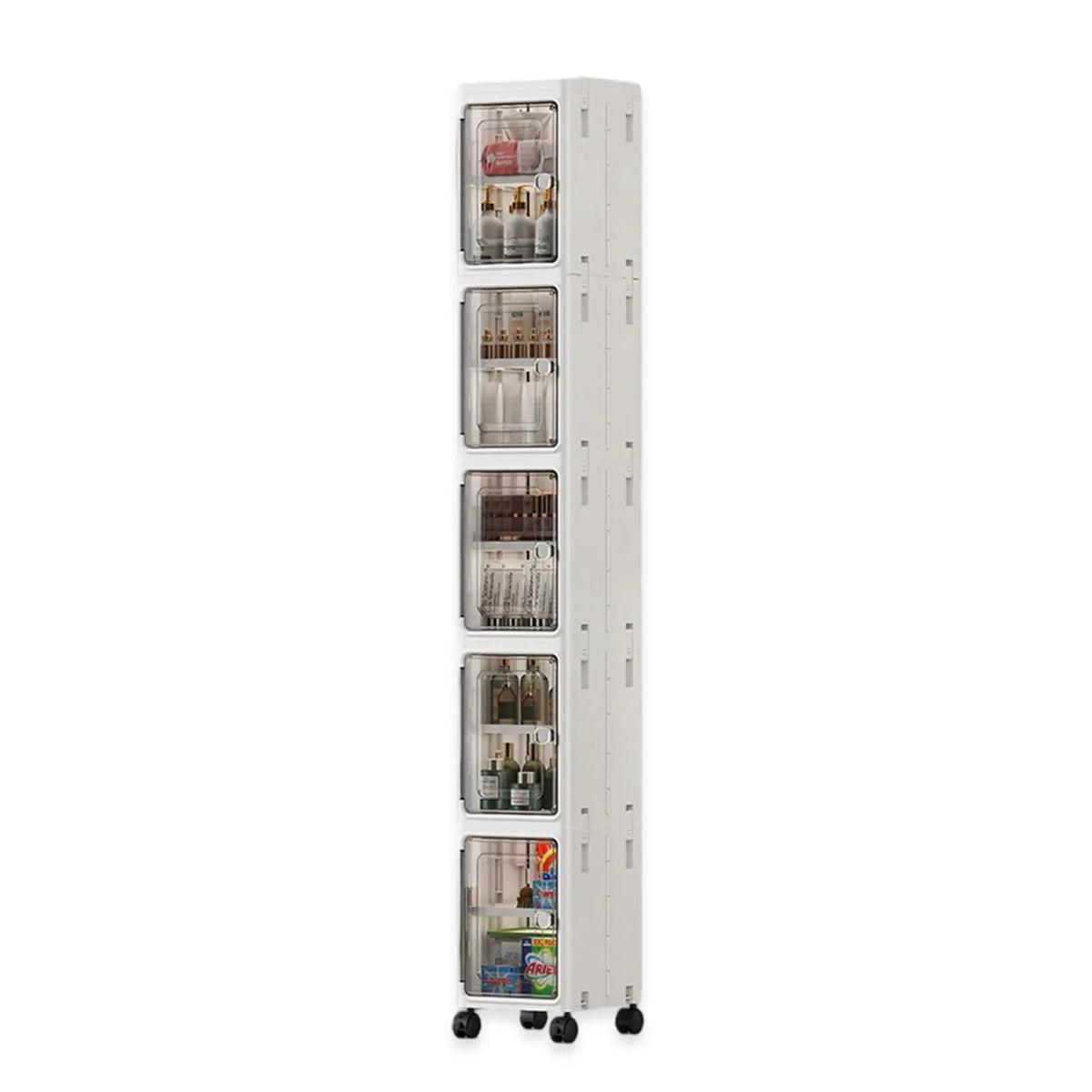 Nifogo 5-Tier Plastic Collapsible Organizer with Foldable Compartments - 5-Piece Fold-Flat Stackable Storage Bins with Lids, Dustproof Portable Lidded Bins (Hides Mess) with Wheels, White 157cm for Office/Dorm Use