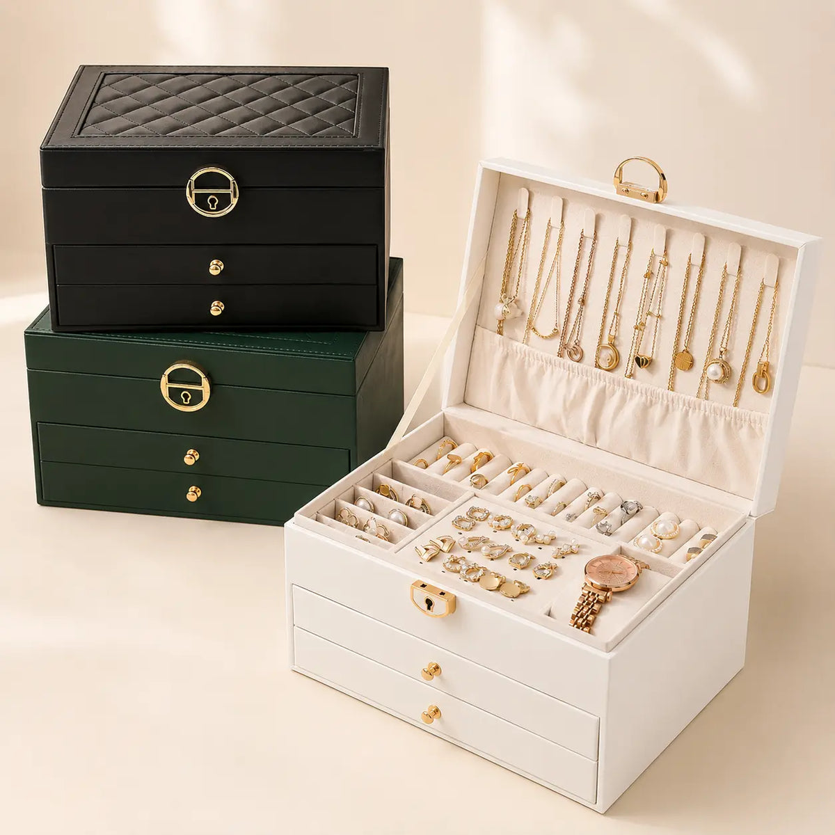 3-Layer Jewelry Organizer Box with Drawers, Large Capacity Jewelry Storage Case for Rings, Earrings, Necklaces, Bracelets and Watches, Gift for Women