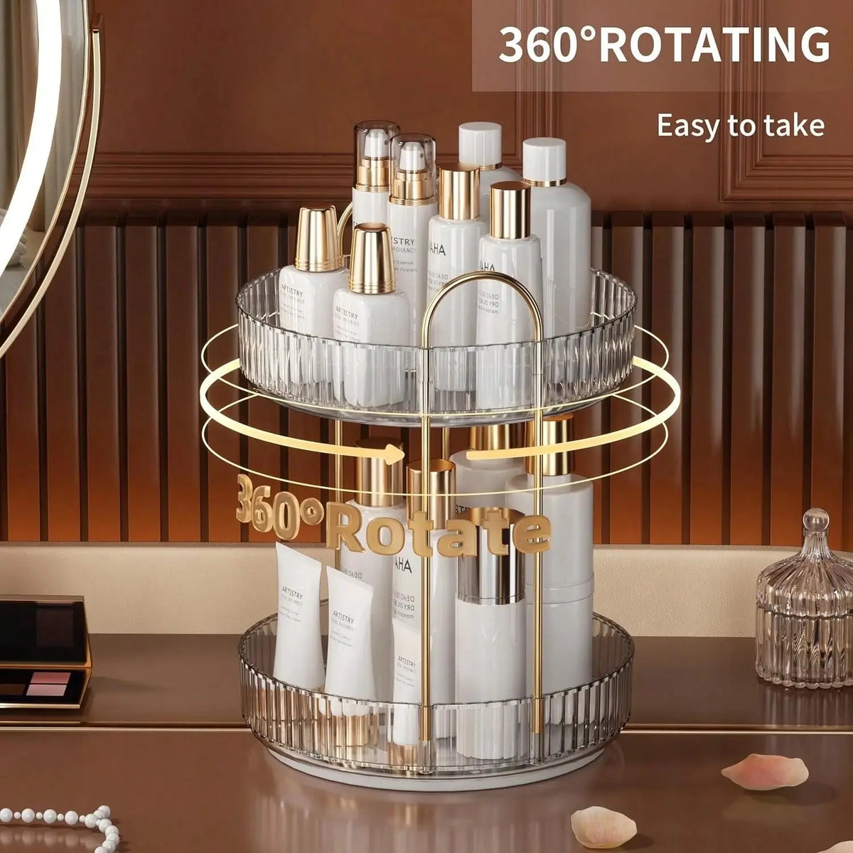 360 Rotating Makeup Organizer And Storage For Vanity Countertop 2 Tiers High Capacity Cosmetic Skincare Perfume Organizer For Dresser Bathroom Lazy Organizers Clear