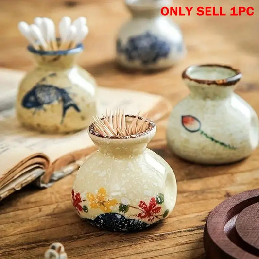 Vintage Ceramic Toothpick Holder, 1 Count Fish/Flower Pattern Storage Jar, Decorative Toothpick Organizer for Home, Kitchen Counter, Restaurant & Coffee Shop