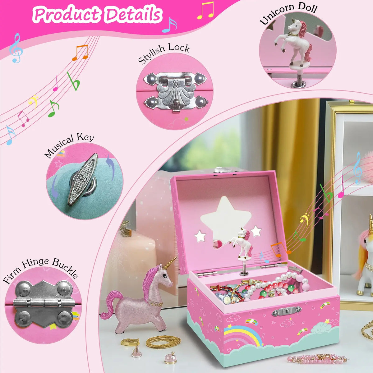 Women's Unicorn Music Jewelry Box, Flashy Rainbow Design, Storage for Earrings, Necklaces, Bracelets, Organiser, Dust Free Organizer, Compartment, Drawer, Birthday Christmas Gift, Dustproof Storage Boxes
