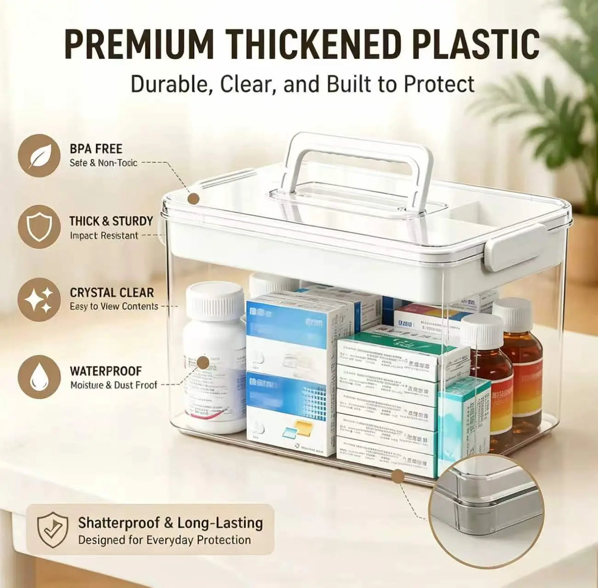 Clear Large Capacity Plastic Medicine Storage Box,Thickened Empty First Aid Case with Detachable Divider Tray,Sealed Lid Portable Organizer,Multipurpose Back to School Dorm Essentials Container for Home Office Student Campus Medical Sundry Arrangement, St