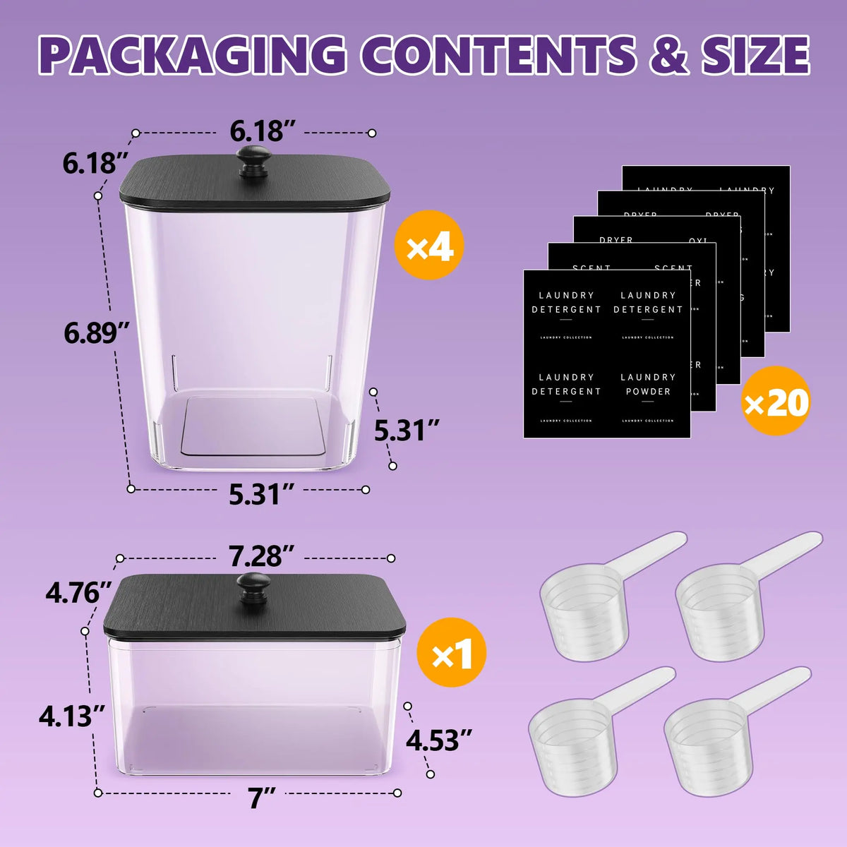 4+1 Pack Laundry Pods Container, Clear Laundry Room Organization Containers, Large Laundry Detergent Powder Storage Containers with Black Lids & Labels, Laundry Pods Holder for Scent Booster