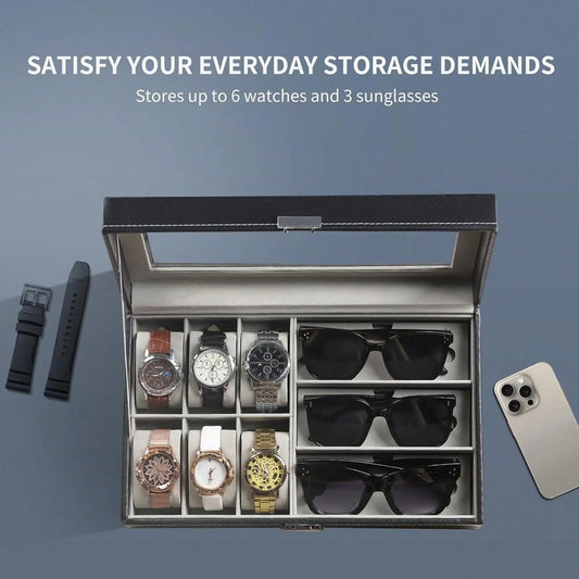 Black PU Leather Watch & Eyeglasses Organizer Box - 6-Watch, 3-Eyeglasses/Sunglasses Capacity, Glass Top, Classic Durable Jewelry Display Case with Fine Workmanship, Unisex Home Use Storage Holder, Gift