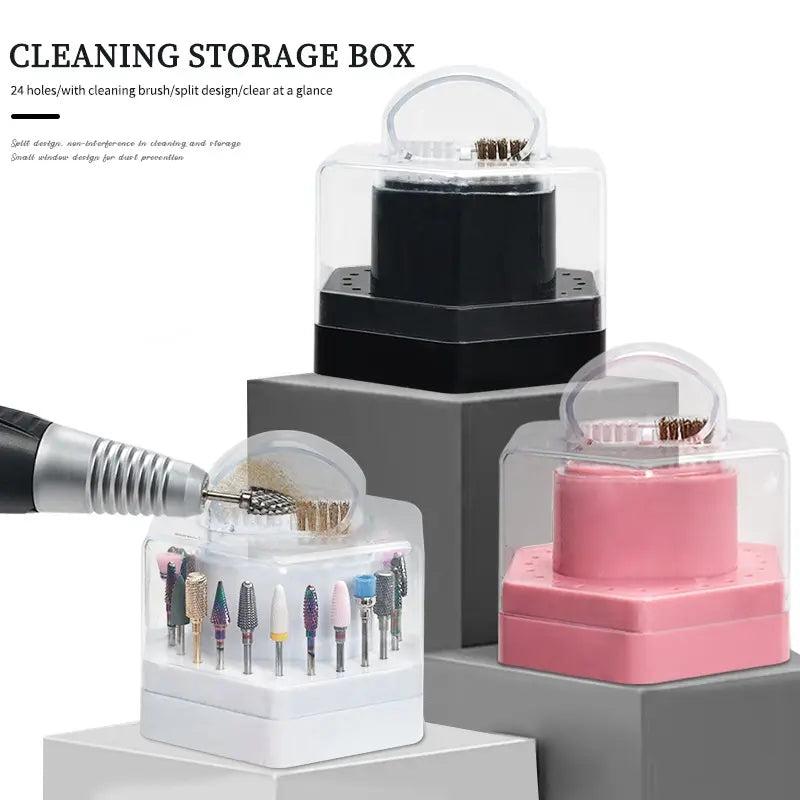 24-Hole Nail Art Drill Cleaning Storage Box with Brush & Grinding Head Holder - Heavy-Duty Acrylic Organizer with 24 Holes, Tool Organization, Ideal for Professional & Home Use, 24 Holes Nail Drill Bits Organizer