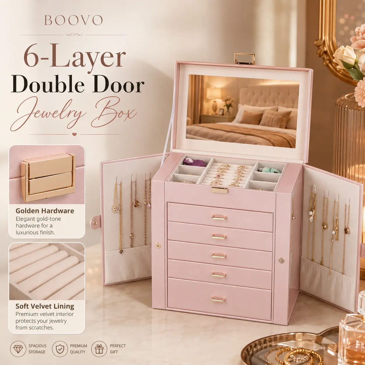 BOOVO Jewelry Box For women, 6 Layer Large Jewelry Organizer With Mirror, Multi-Function Storage Box With Lock, Necklace Holder With 5 Drawers, For Earrings Necklace Bracelet (Rose Gold and Gold)