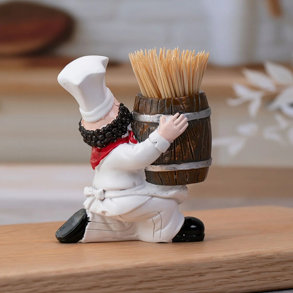 Charming Chef Theme Fun Decorative Toothpick Holder with Wooden Bucket, Resin Material, No Power Needed, Ideal for Home and Party Decorations