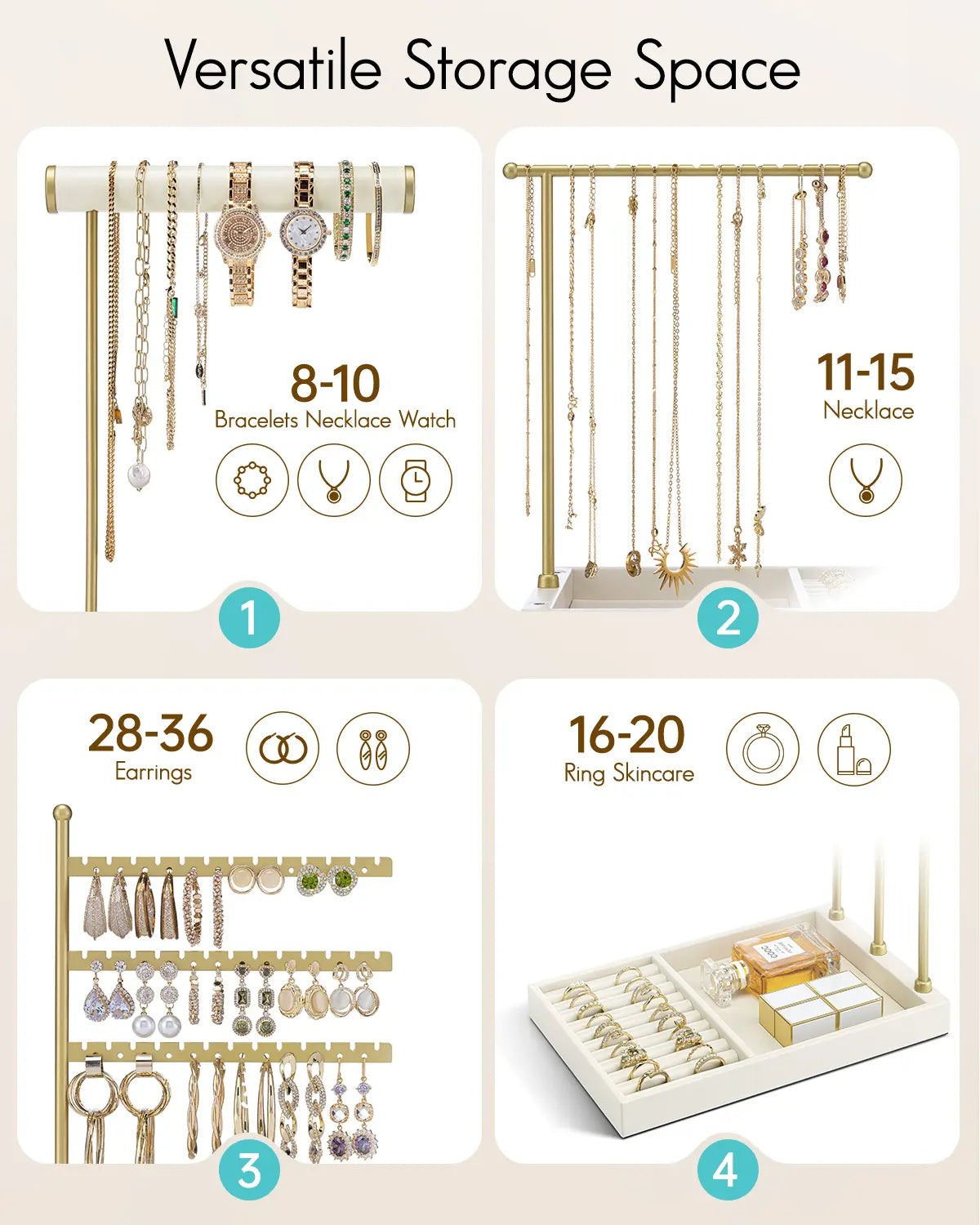 VLANDO Classic Eco-Friendly Women's Adjustable Metal Frame Jewelry Organizer - Home Accessory Holder with Tray, Ring Slots in Tray, Compartments for Necklace, Earring, Bracelet Display summerwins