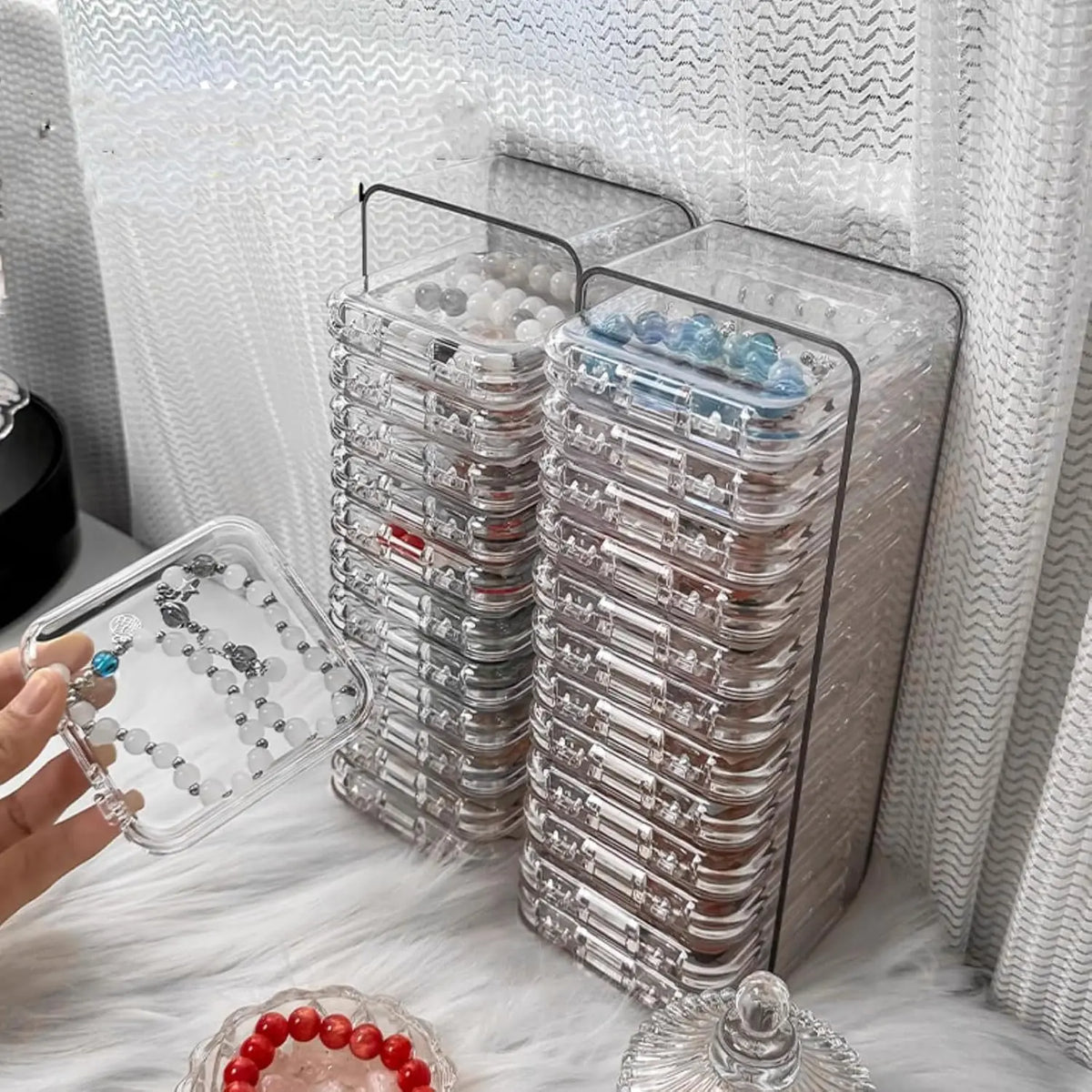 Clear Jewelry Storage Box, 1 Set Multi-functional Portable Storage Organizers Box, Transparent Plastic Storage Box for Home, Dormitory, Bathroom & Office, Dustproof Clear Box (1pc Long Tray & 12pcs 8.5cm Square Boxes)