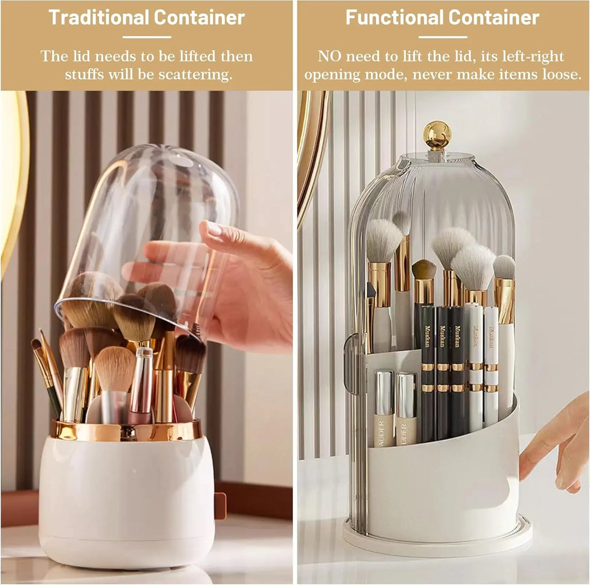 Luxury 360° Rotating Makeup Brush Holder with Transparent Door Lid - Modern Cosmetic Storage Box, Organizer Storage, Spin to Access Vanity Desktop Countertop Container for Students