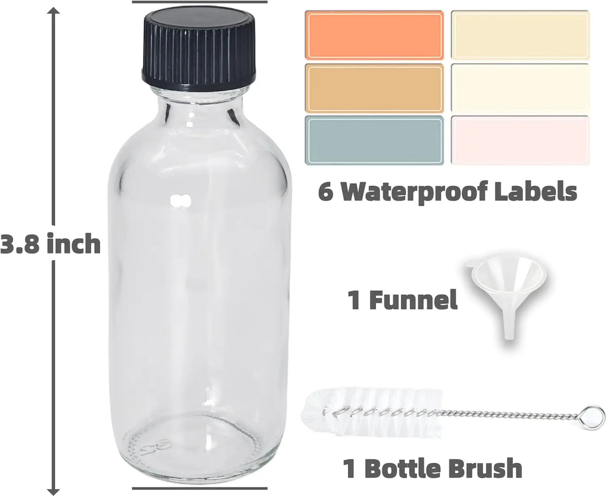 6 Pack 2oz Shot Bottles with Caps, Leak-proof 60mL Small Clear Glass Bottles with Lids for Travel, Wellness, Ginger, Essential Oils, Liquids, Potion, Juice