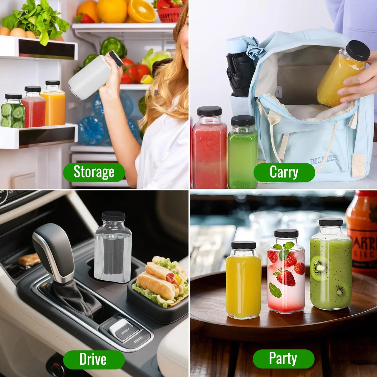 8 oz Glass Juice Bottles with Lids,6 PACK Bottles for Juicing,Square Drinking Jars Glass for Coffee,Cola,Milk,Tea in Travel,Work,School