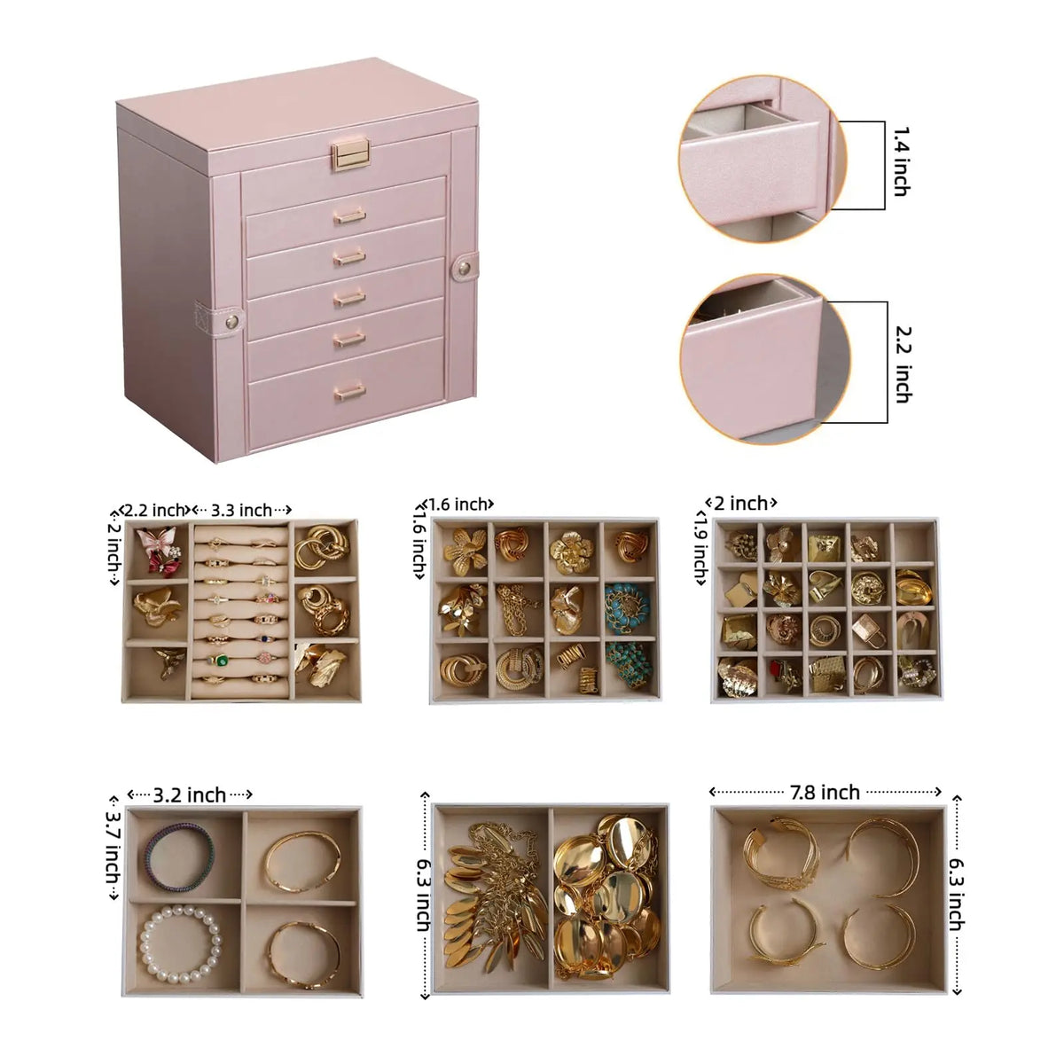 BOOVO Jewelry Box For women, 6 Layer Large Jewelry Organizer With Mirror, Multi-Function Storage Box With Lock, Necklace Holder With 5 Drawers, For Earrings Necklace Bracelet (Rose Gold and Gold)
