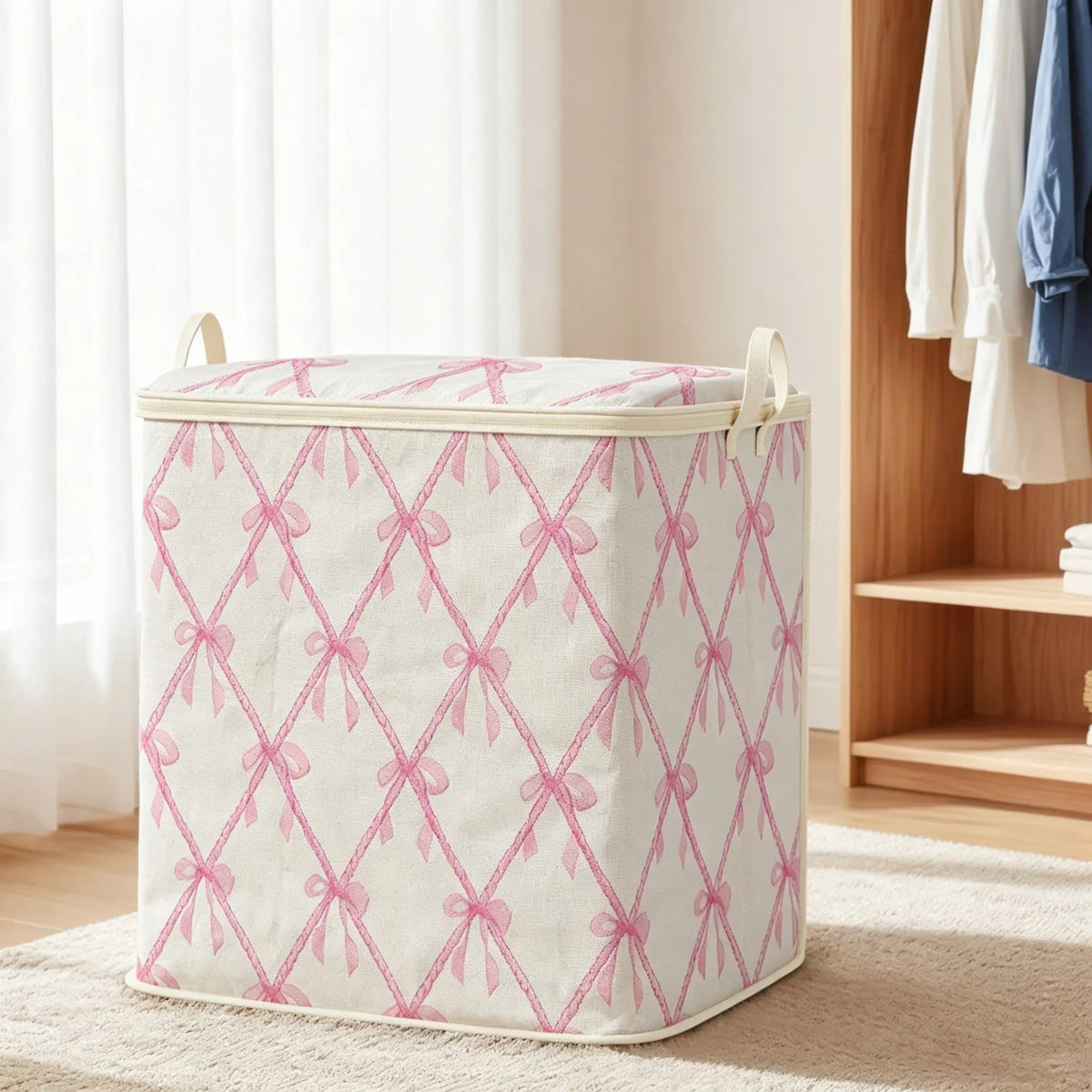 Large Capacity Lidded Storage Box, Storage Organizer Bins, Bow Print Bag, Durable Non-Woven Fabric, Perfect Home Gift for Blankets, Quilts, Clothes