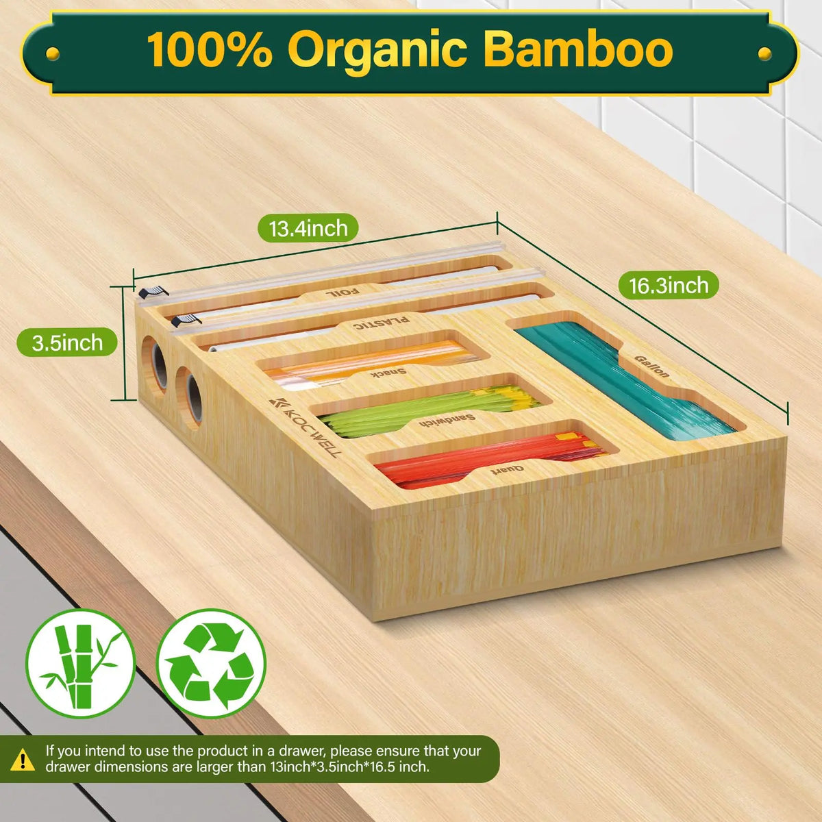 6-In-1 Durable Bamboo Kitchen Drawer Organizer with Cutter - Snack Bag, Gal, Qt, Sandwich Bag, Plastic Wrap, Foil Storage & Drawer-Ready Order Holder