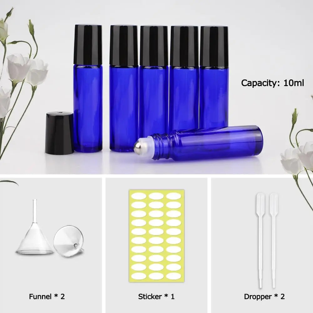 12 Pack Essential Oil Bottles, 10ml Blue Glass Bottles with Stainless Steel Roller Balls and Caps for Travel, Perfume and Lip Gloss