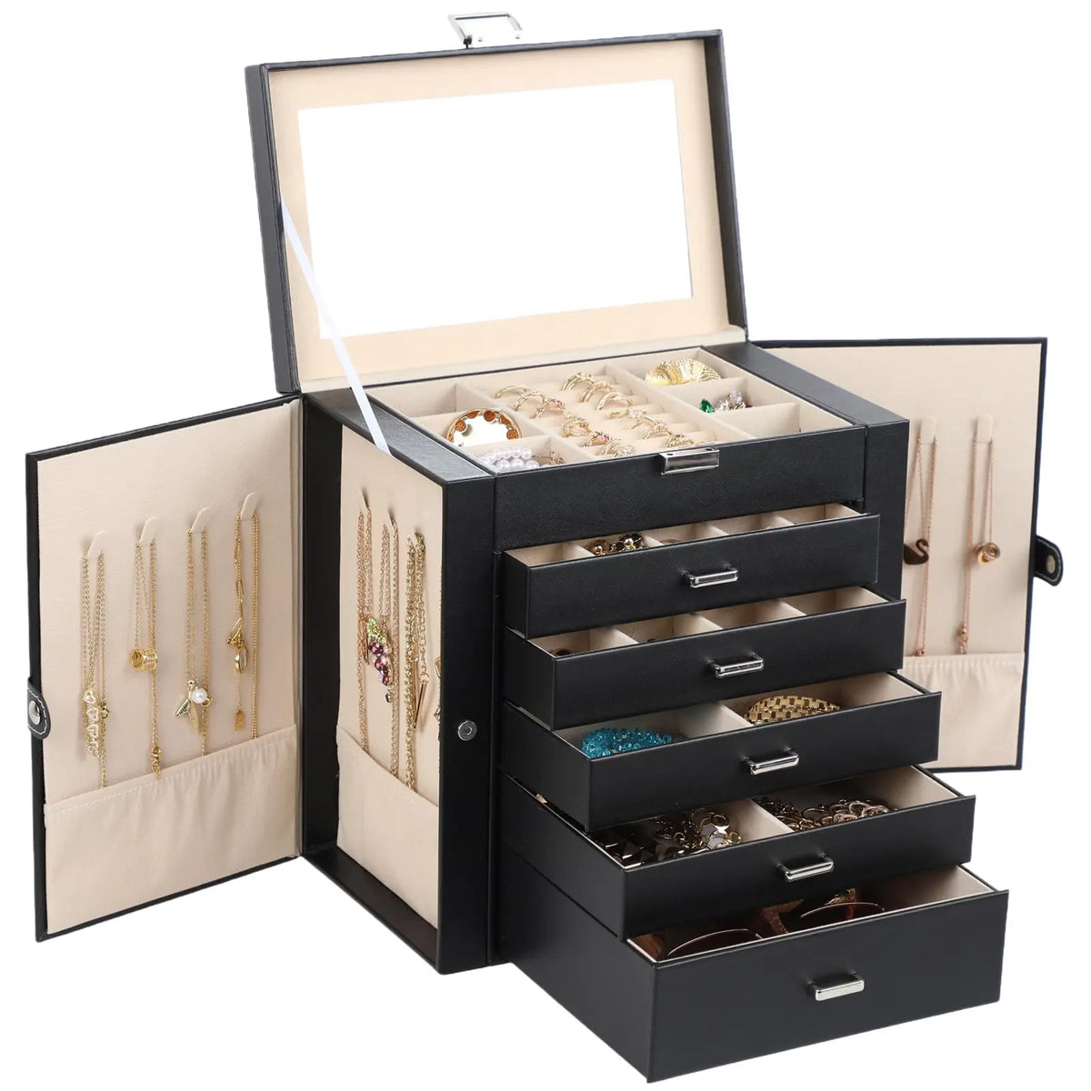 BOOVO Jewelry Box For women, 6 Layer Large Jewelry Organizer With Mirror, Multi-Function Storage Box With Lock, Necklace Holder With 5 Drawers, For Earrings Necklace Bracelet (Rose Gold and Gold)