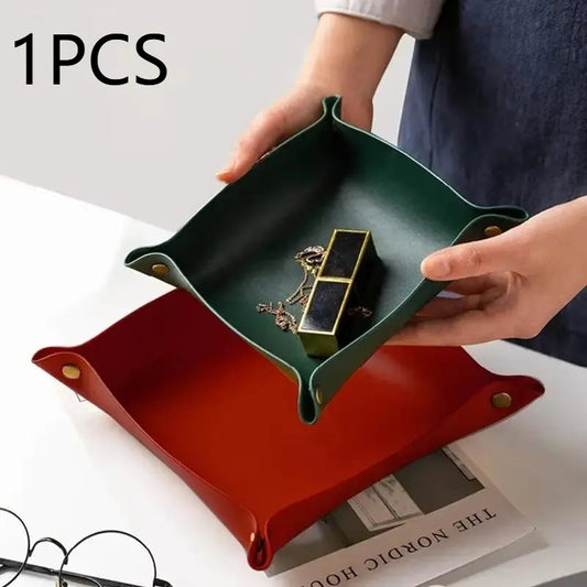 1pc Leather Storage Tray Dice Box Coin Desktop Storage Organizer Jewelry Box Makeup Cosmetics Storage Box Key Tray DIY Household Folding Tray Storage Case Portable Collapsible Storage Box Collapsible Storage Bin Foldable Storage Box Trinket Boxes