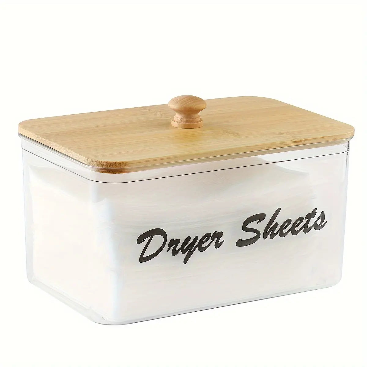 Clear Dryer Sheet Holder with Bamboo Lid, Transparent Plastic Storage Bin, Containers, Laundry Room Decor Storage Box with Label, Dryer Sheet and Detergent Pod Dispenser for Home