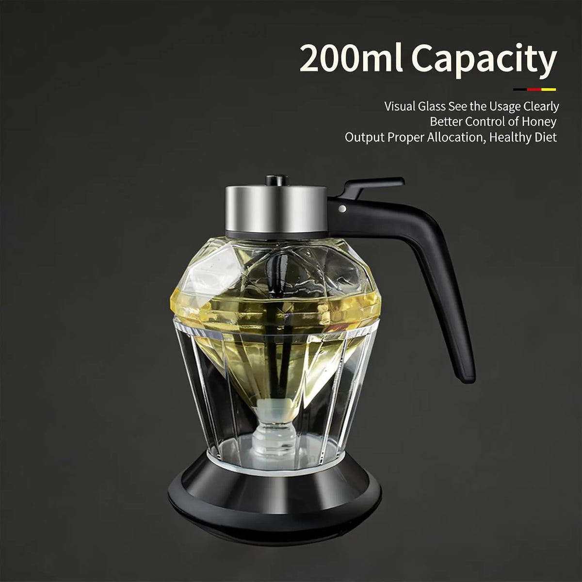 2026 Upgrade No-Drip 8oz Glass Honey Dispenser with Handle & Lid & Base, Modern Glass Spice Jar Drizzlers & Dressing Shakers, Mess-Free Kitchen Seasoning Utensil for Maple or Honey Use, Sohochic