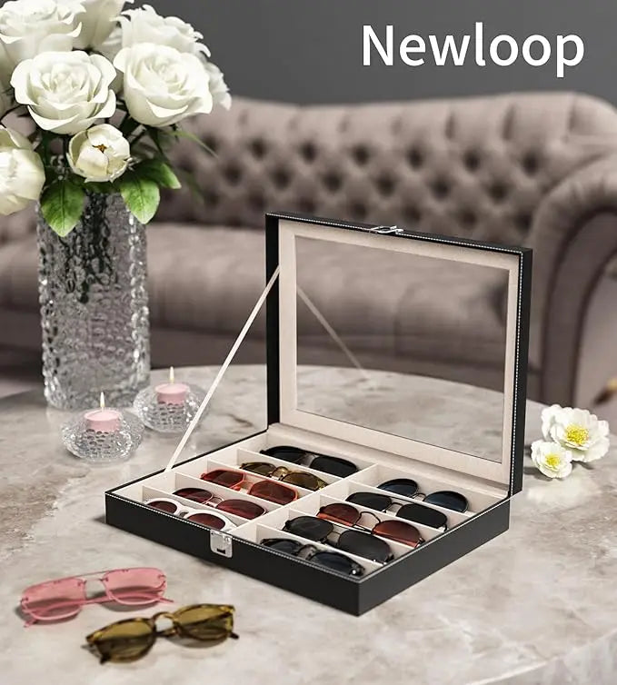 Women's 10-Slot Velvet-Leather See-Through Eyeglass Storage Box - Water-Proof Multi-Compartment Anti-Scratch Glass Display Case with Lid, Strap, Fashion Accessory Gift