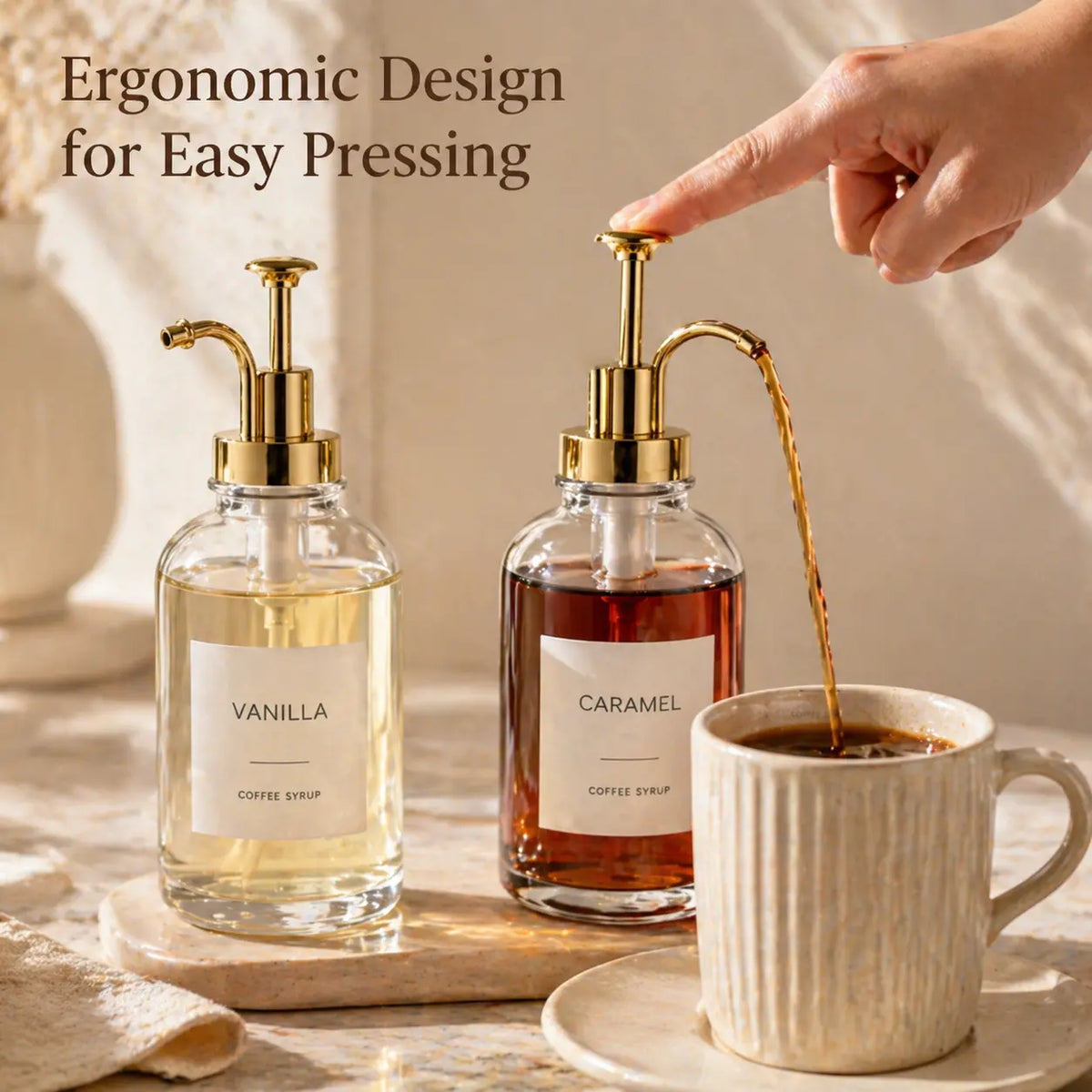 4 Pack Aesthetic Glass Coffee Syrup Dispenser Set with Labels, 16.9oz Coffee Bar Accessories & Station Organizer with Gold Pumps for Syrup, Honey, Sauce