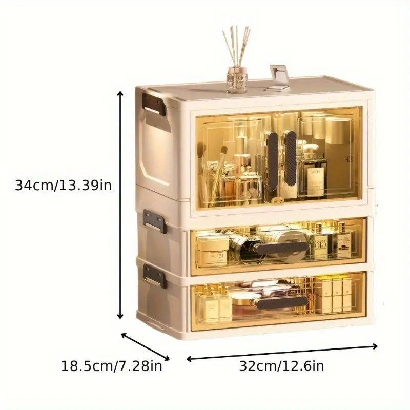 Rectangle Multifunctional Durable Storage Organizer - 3/4 Floors Foldable Large Capacity Retro White Golden Cosmetic Cabinet with Transparent Stackable Plastic Drawers, Makeup Organizer for Home Organization, Girl Gift