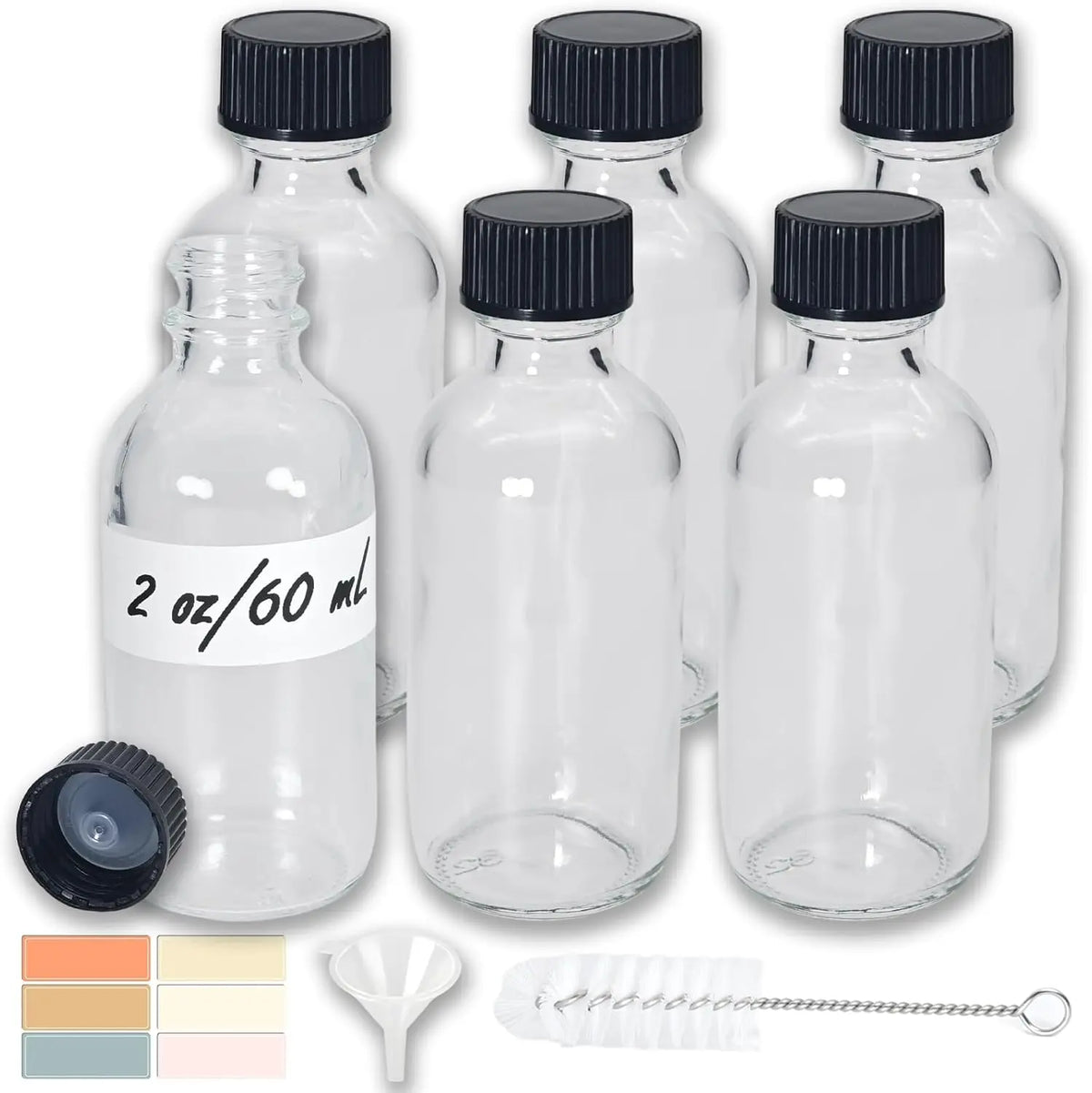 6 Pack 2oz Shot Bottles with Caps, Leak-proof 60mL Small Clear Glass Bottles with Lids for Travel, Wellness, Ginger, Essential Oils, Liquids, Potion, Juice