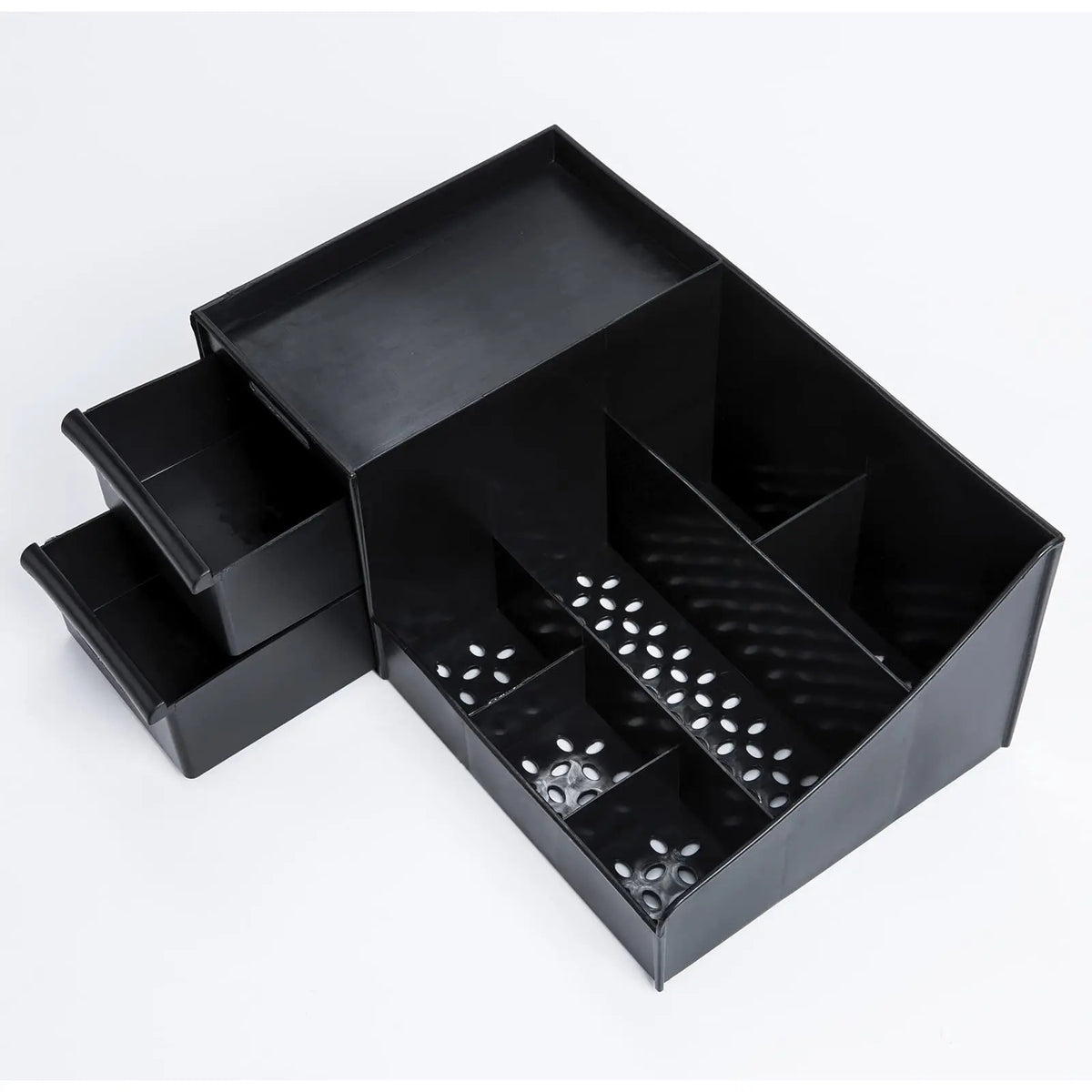 Black Plastic Modern Sleek Cologne Holder - 7 Compartments, 2 Extra-Deep Drawers - Cosmetic Storage Box, Makeup Organizer - Men's Room Accessories - Drainable, Washable Surface, Quick Spill Cleanup Vanity Accessory - Christmas Gift for Dad