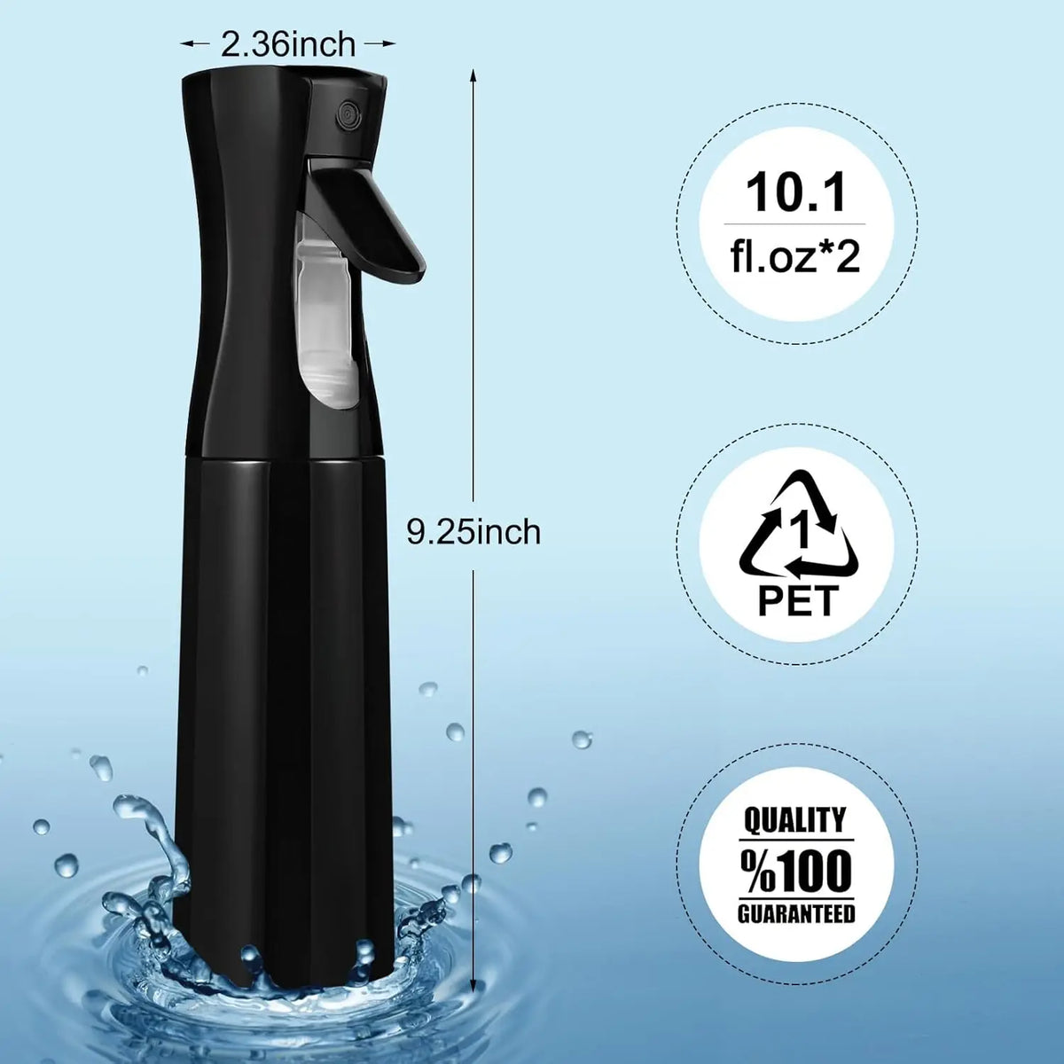 2-Pack Continuous Fine Mist Spray Bottles for Hair - Ultra-Fine Mist for Hairstyling, Cleaning, Plants & More - BPA-Free, Leak-Proof, 360° Spray, Durable - 300 ml/10.1oz per Bottle - Unisex