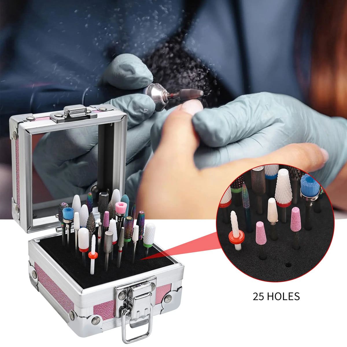 25 Holes Portable Design Lightweight Nail Drill Bit Storage Box Multifunctional Desktop Organizer Container, Nail Supply Organizer, Nail Grinding Head Storage Display Case for Manicure Pedicure Salon Use Nail Art Accessories