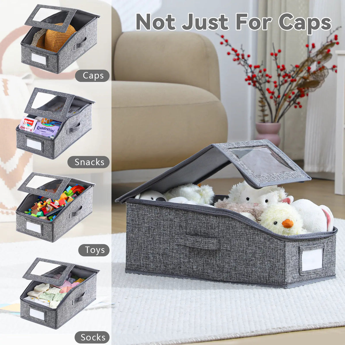 TAYTUU Linen Fabric Hat Organizer Bin - Collapsible, Transparent Window, Zip & Drawstring, Dustproof Closet Storage, Durable Cardboard, Holds 24 Baseball Caps, 16.93inL x 9.06inW x 7.56inH, ADHD Home Organizer