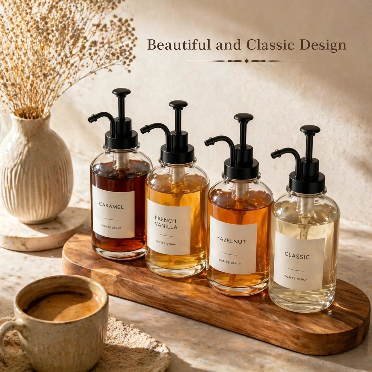 4 Pack Aesthetic Glass Coffee Syrup Dispenser Set with Labels, 16.9oz Coffee Bar Accessories & Station Organizer with Gold Pumps for Syrup, Honey, Sauce