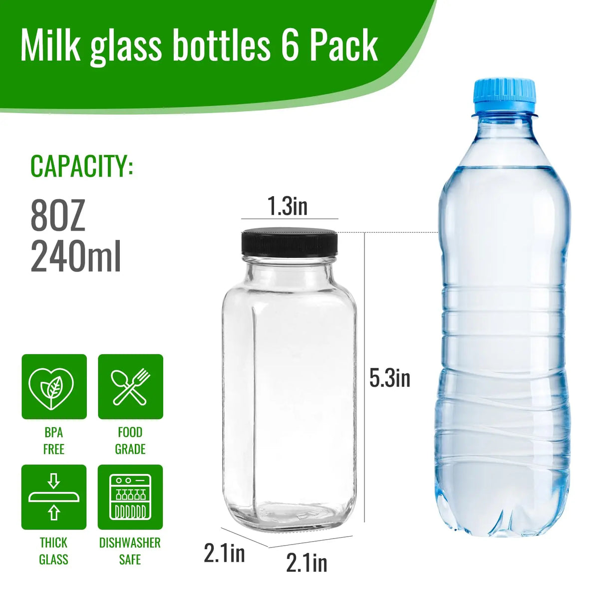 8 oz Glass Juice Bottles with Lids,6 PACK Bottles for Juicing,Square Drinking Jars Glass for Coffee,Cola,Milk,Tea in Travel,Work,School