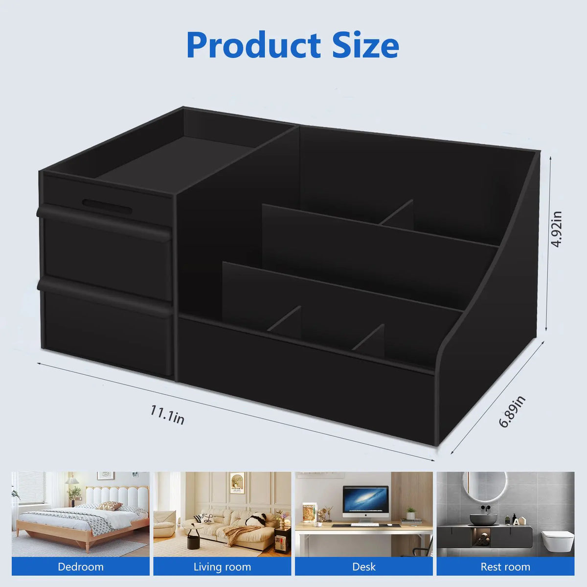 Black Plastic Modern Sleek Cologne Holder - 7 Compartments, 2 Extra-Deep Drawers - Cosmetic Storage Box, Makeup Organizer - Men's Room Accessories - Drainable, Washable Surface, Quick Spill Cleanup Vanity Accessory - Christmas Gift for Dad