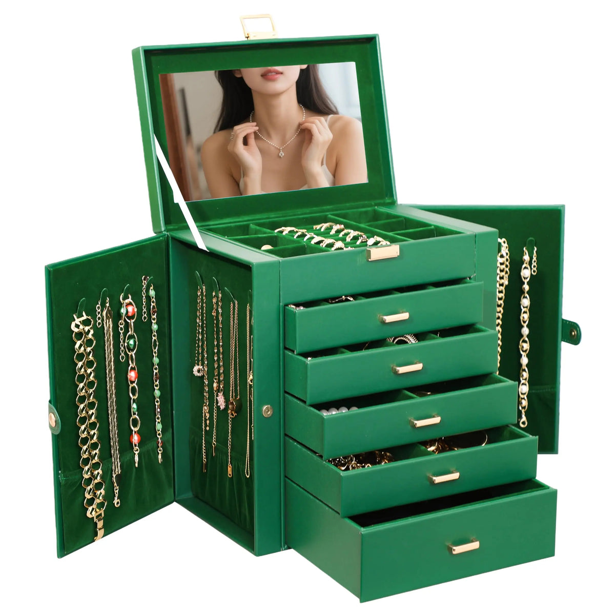 BOOVO Jewelry Box For women, 6 Layer Large Jewelry Organizer With Mirror, Multi-Function Storage Box With Lock, Necklace Holder With 5 Drawers, For Earrings Necklace Bracelet (Rose Gold and Gold)