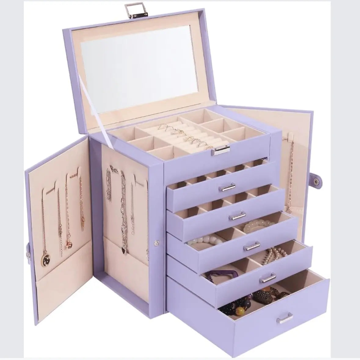 BOOVO Jewelry Box For women, 6 Layer Large Jewelry Organizer With Mirror, Multi-Function Storage Box With Lock, Necklace Holder With 5 Drawers, For Earrings Necklace Bracelet (Rose Gold and Gold)