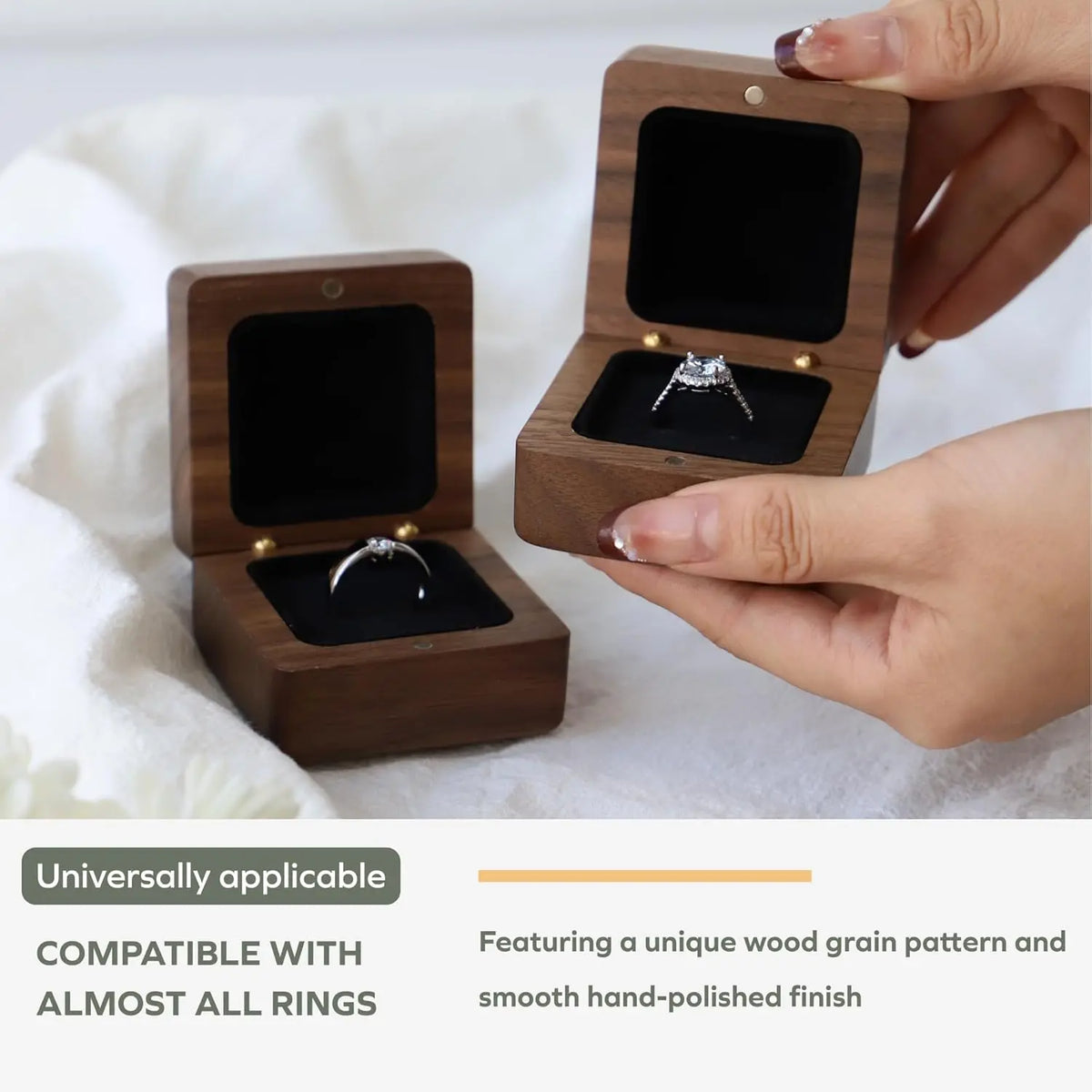 Solid  Ring Box - Hand-Polished Engagement Ring Holder Box for Proposal, Wedding  Organizer | Romantic  for Couples, Brides & Grooms (Walnut Carved-2pcs)