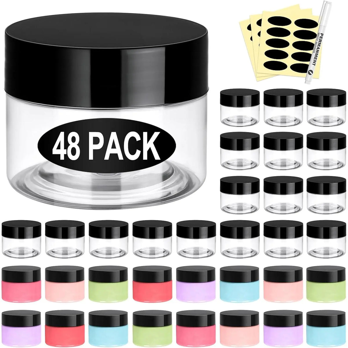 48 Pack Plastic Jars with Lids 6 OZ - Empty Clear  Containers with Pen and Labels, Round Small Plastic Jars with Screw On Lids for Slime, Makeup, Butter, Cream, Lotion, Pot, Dry